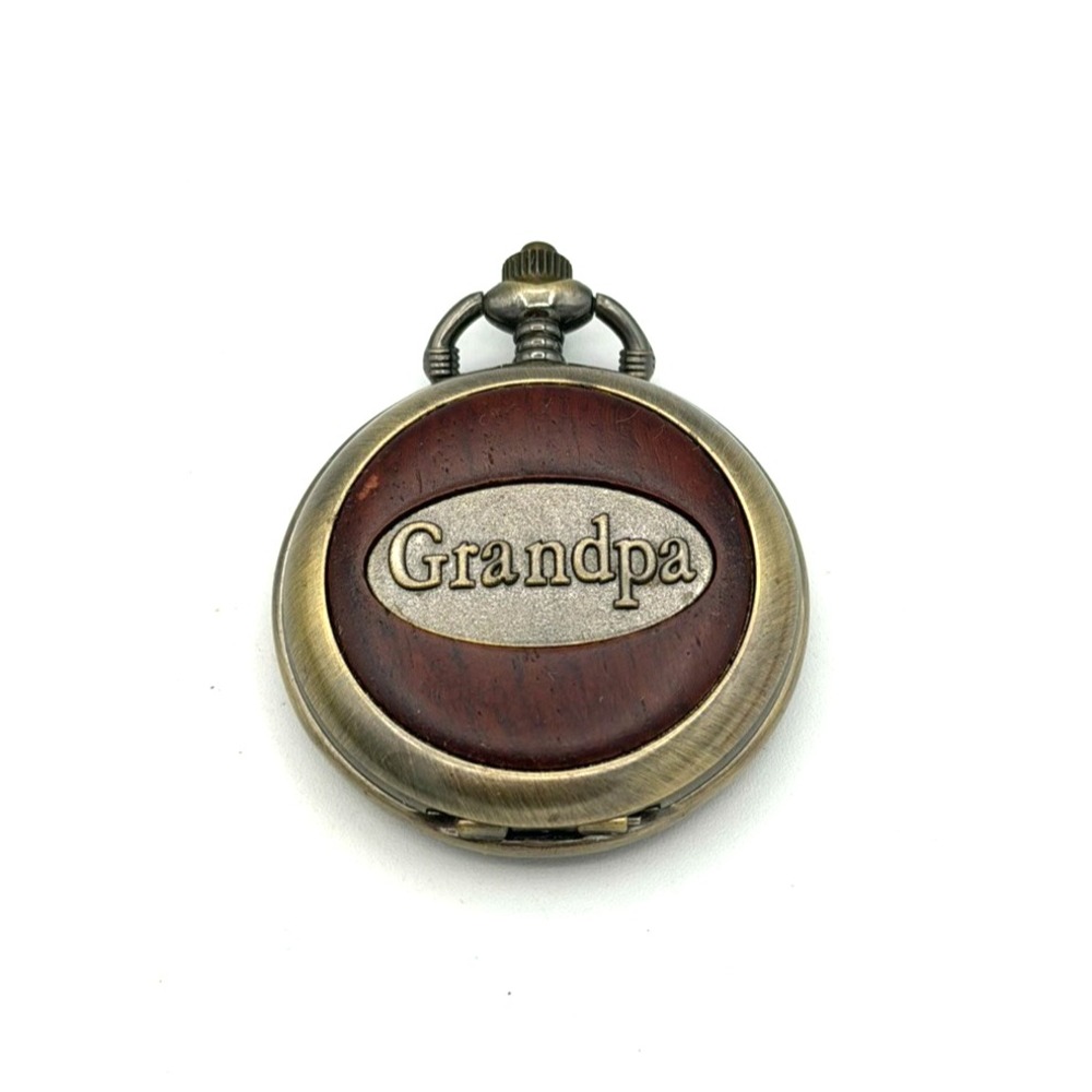 Grandpa Pocket Watch Quartz Bronze Tone Wood Inlay Hunter Case Gift Works Runs
